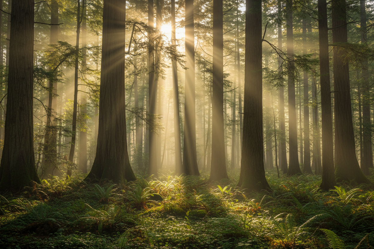 a woody scenery with light rays beaming through trees